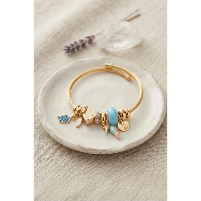 Mey İthalat® Kuş Figürlü Mavi Charmlı Gold Renk Bileklik