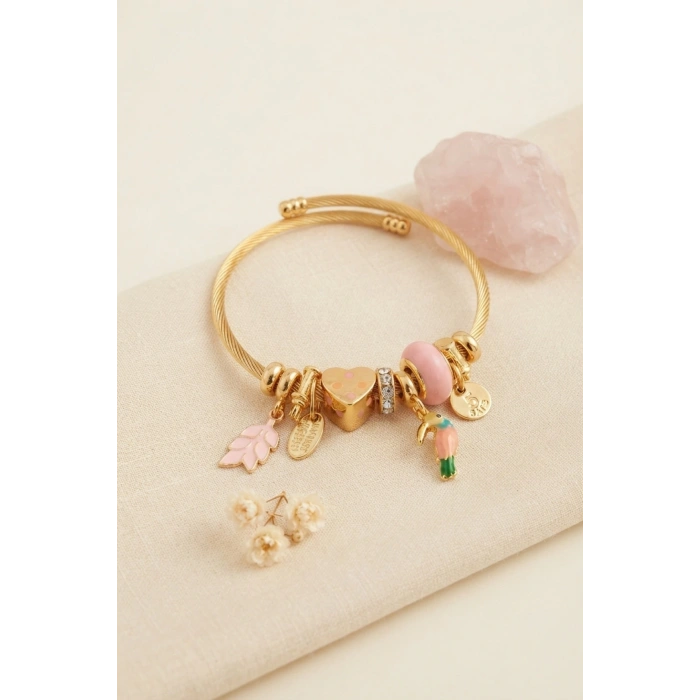 Mey İthalat® Kuş Figürlü Pembe Charmlı Gold Renk Bileklik