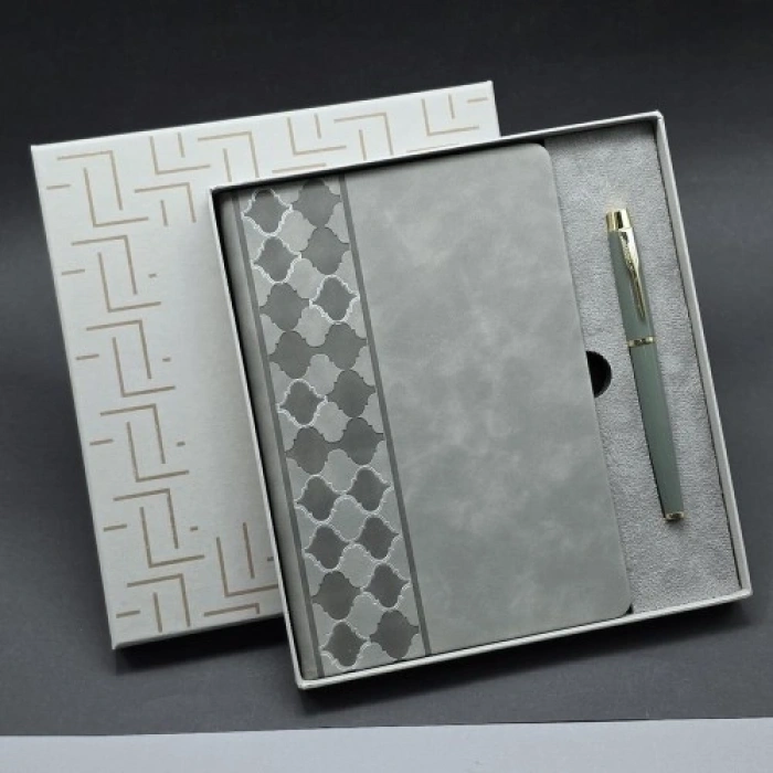 Mey İthalat®  Kutulu Gri Defter Ve Metal Kalem Seti