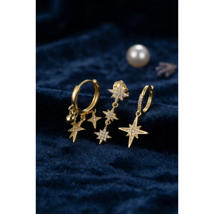 Mey İthalat® Kutup Yıldızı Model Gold Renk 3 lü Küpe Set
