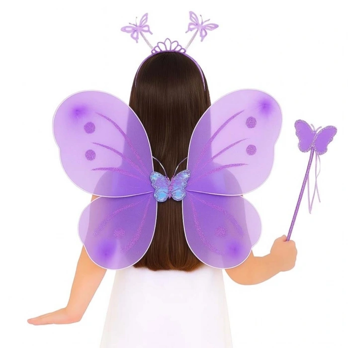 Mey İthalat® Lila Mor Kız Seti – 50 cm Kanadı, Taç ve Asa