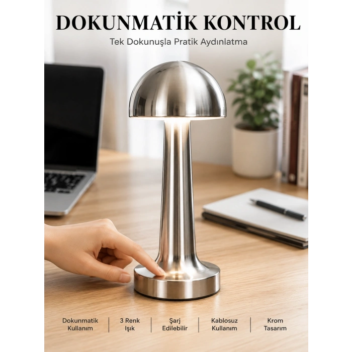 Mey İthalat® Mantar Masa Lambası Dokunmatik 3 Renk Işık Şarjlı Kablosuz Modern Krom Tasarım Yeni Nesil