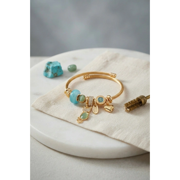 Mey İthalat® Mavi Kedi Model Gold Renk Charmlı Bileklik