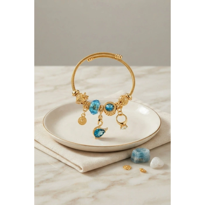 Mey İthalat® Mavi Kuğu Model Gold Renk Charmlı Bileklik