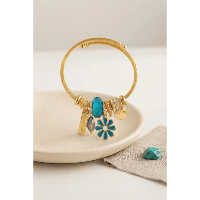 Mey İthalat® Mavi Papatya Model Gold Renk Charmlı Bileklik