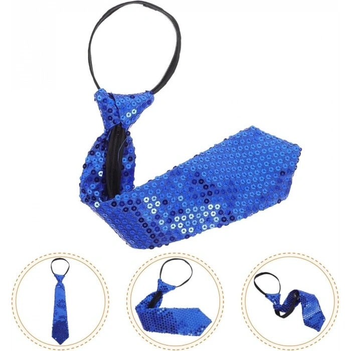 Mey İthalat® Mavi Renk Pul Payetli Işıltılı Parti Kravatı 33 cm