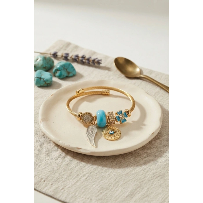 Mey İthalat® Mavi Renk Göz Model Gold Charmlı Bileklik
