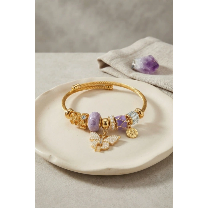 Mey İthalat® Mor Kelebek Model Gold Renk Charmlı Bileklik