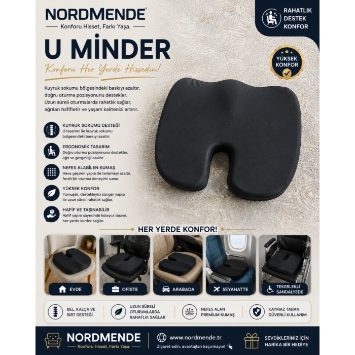 Mey İthalat® Ortopedik Oturma Minderi Hemoroid Kuyruk Sokumu Destekli Sünger Minder Siyah