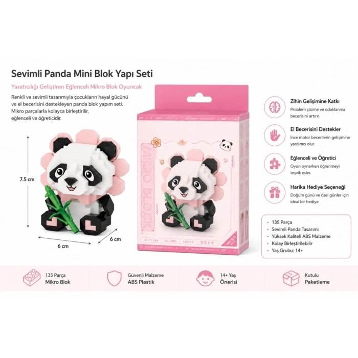 Mey İthalat® OTURAN SEVİMLİ ÇİÇEK PANDA 350 PARÇA BLOCK OYUNCAK
