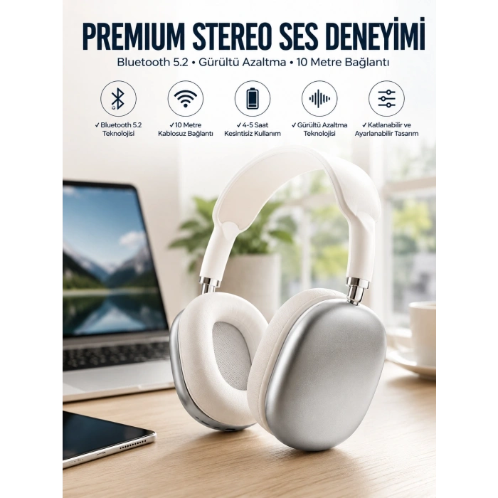 Mey İthalat® P9 Plus Kablosuz Kulak Üstü Bluetooth Kulaklık Beyaz Yüksek Ses Kaliteli