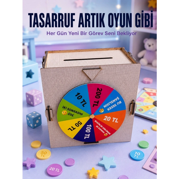Mey İthalat® Para Biriktirme Challenge Kutusu Eğlenceli Şans Çarkı Ahşap Tasarruf Kumbarası
