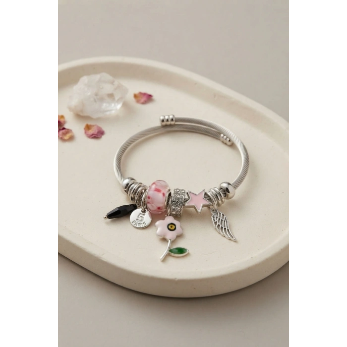 Mey İthalat® Pembe Çiçek Charmlı Bileklik