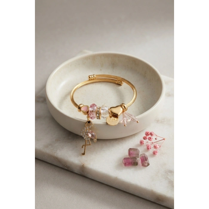 Mey İthalat® Pembe Flamingo Model Gold Renk Charmlı Bileklik