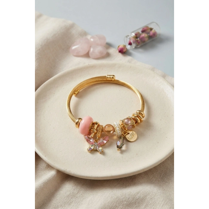 Mey İthalat® Pembe Kelebek Model Charmlı Bileklik