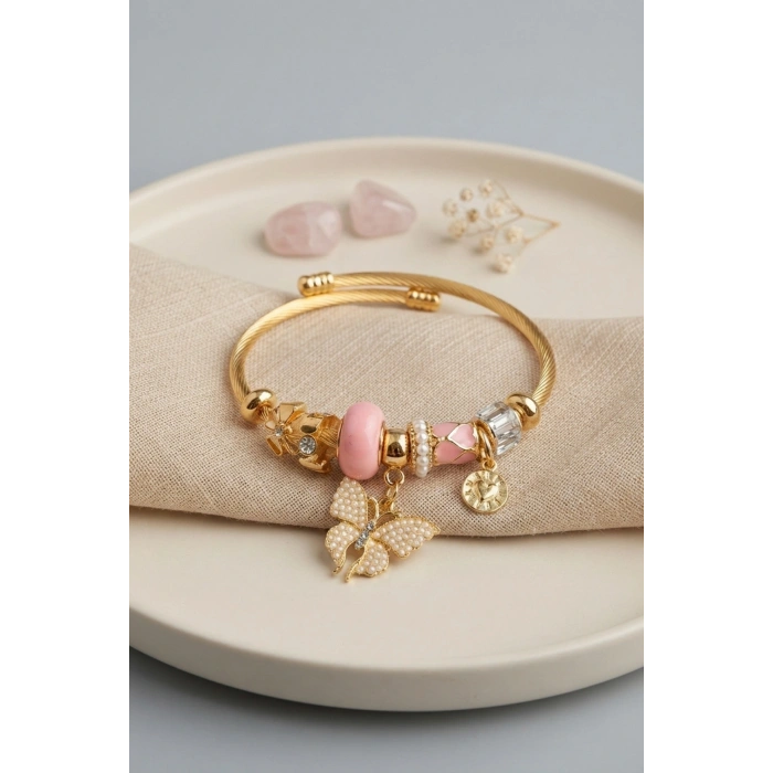 Mey İthalat® Pembe Kelebek Model Gold Renk Charmlı Bileklik