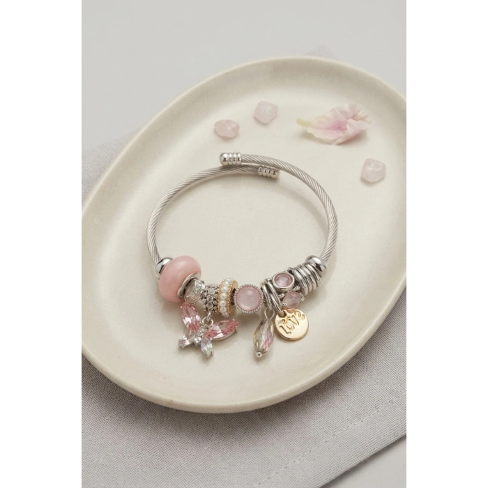Mey İthalat® Pembe Kristal Kelebek Charmlı Bileklik