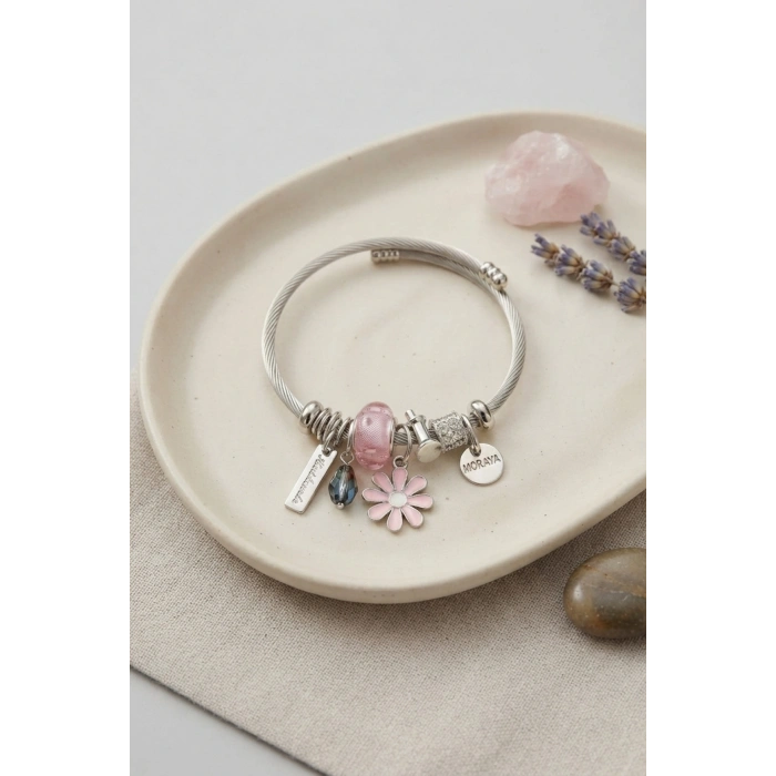 Mey İthalat® Pembe Papatya Charmlı Gümüş Renk Bileklik
