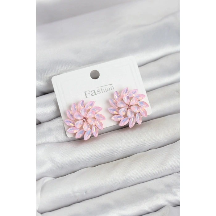 Mey İthalat® Pembe Renk Kristal Taşlı Çiçek Model Kadın Küpe