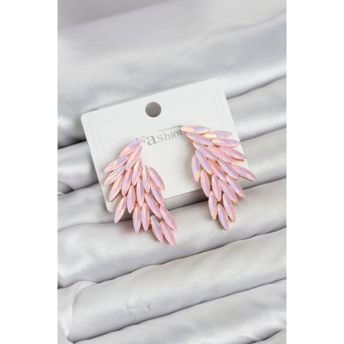 Mey İthalat® Pembe Renk Kristal Taşlı Kanat Küpe