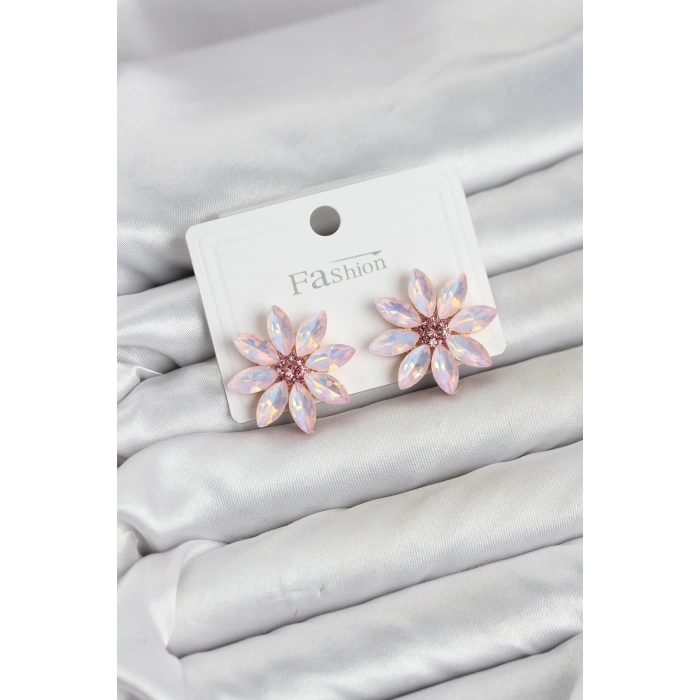 Mey İthalat® Pembe Renk Kristal Taşlı Lotus Çiçek Model Kadın Küpe