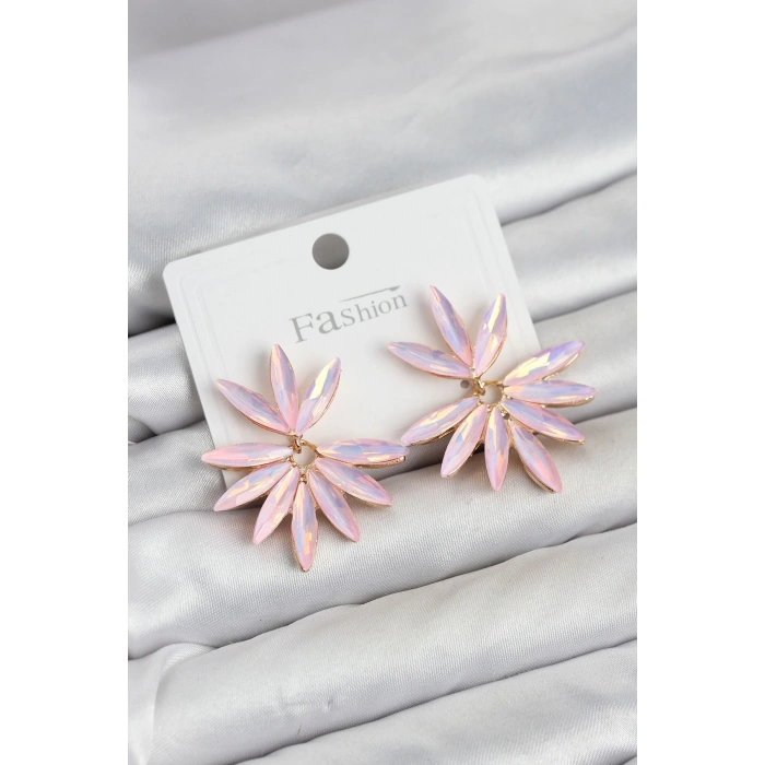 Mey İthalat® Pembe Renk Kristal Taşlı Lotus Model Kadın Küpe