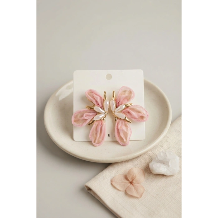 Mey İthalat® Pembe Renk Orkide Model Organze Küpe