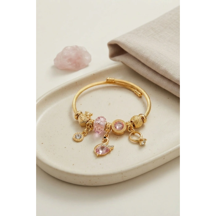 Mey İthalat® Pembe Swan Model Gold Renk Charmlı Bileklik