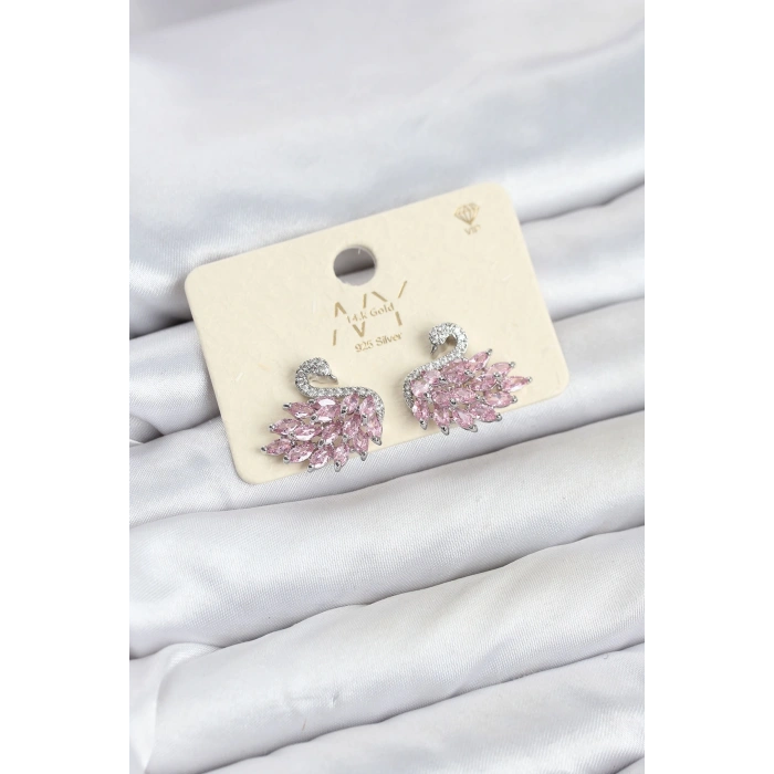 Mey İthalat® Pembe Zirkon Taşlı Gümüş Swan Kuğu Model Kadın Küpe