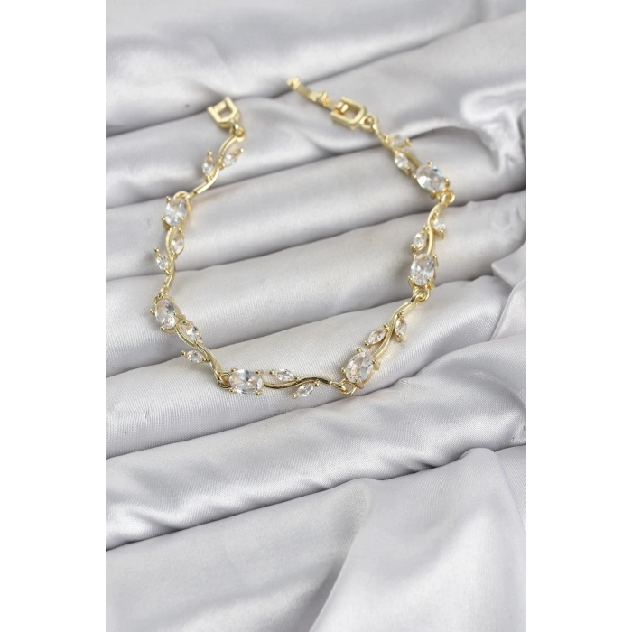 Mey İthalat® Pirinç Gold Renk Zirkon Taşlı Çiçek Model Kadın Bileklik