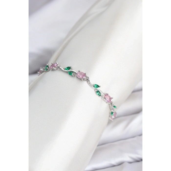 Mey İthalat® Pirinç Gümüş Renk Pembe Zirkon Taşlı Çiçek Model Kadın Bileklik