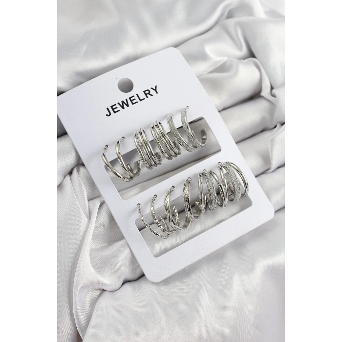 Mey İthalat® Pirinç Karışık Halka Model Gümüş Renk 6 Çift Kadın Küpe Set
