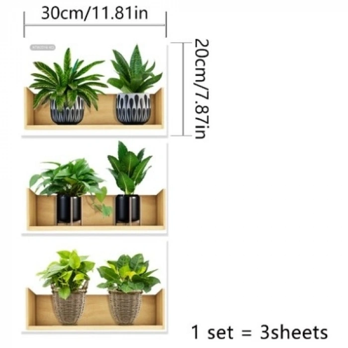 Mey İthalat® Raflı Bitki Tasarımlı Yapışkanlı Sticker 20*30 cm 3lü Set MC-663