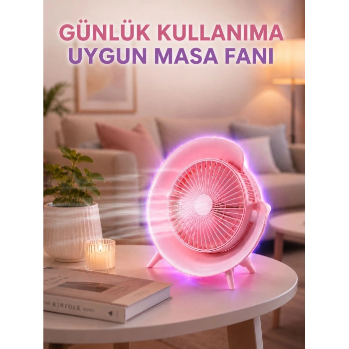 Mey İthalat® Renkli Ambiyans Işıklı Taşınabilir Masaüstü Vantilatör