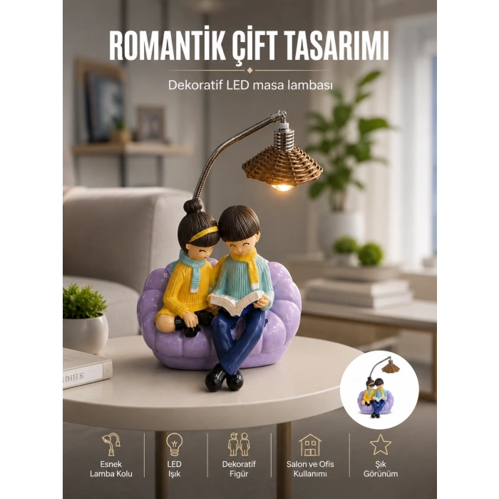Mey İthalat® Romantik Çift Figürlü Okuyan Çift Masa Lambası Dekoratif LED Aydınlatma