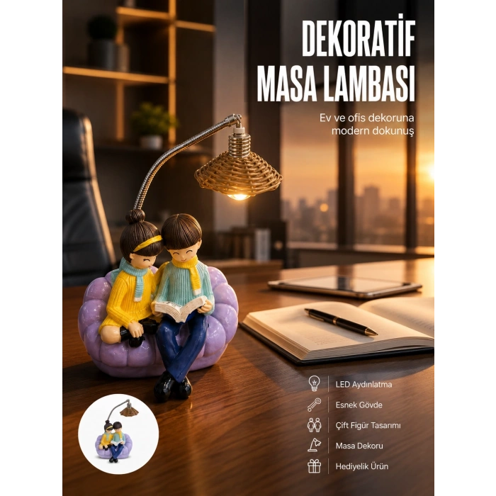 Mey İthalat® Romantik Çift Temalı Dekoratif Masa Lambası Yumuşak LED Işık