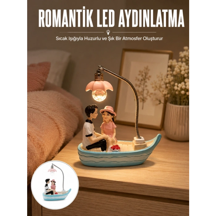 Mey İthalat® Romantik Sandal Üzerinde Çift Figürü LED Gece Lambası Masa Dekoru Yeni Nesil