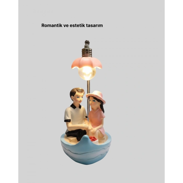 Mey İthalat® Romantik Sandal Üzerinde Çift Figürü LED Gece Lambası Masa Dekoru Yeni Nesil