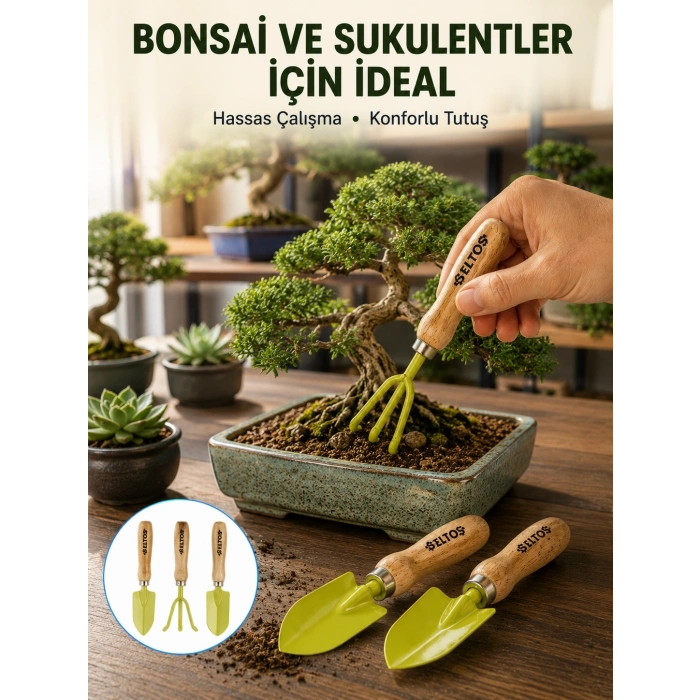 Mey İthalat® Saksı Bitkileri İçin Bahçe El Aleti Seti Ergonomik Ahşap Saplı