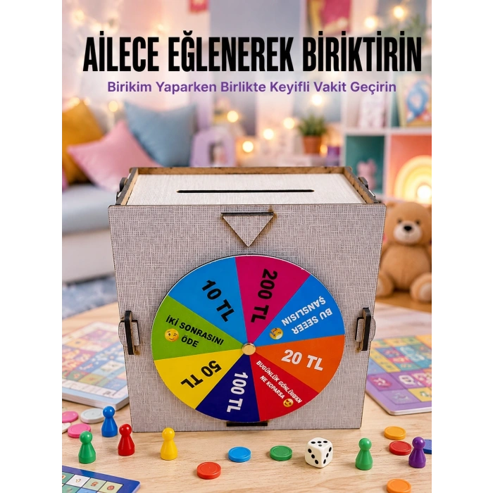 Mey İthalat® Şans Çarklı Para Biriktirme Kutusu Eğlenceli Tasarruf Challenge Ahşap Hedef Kumbarası