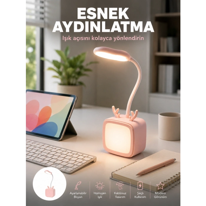 Mey İthalat® Şarj Edilebilir LED Masa Lambası Kablosuz Taşınabilir Gece Lambası