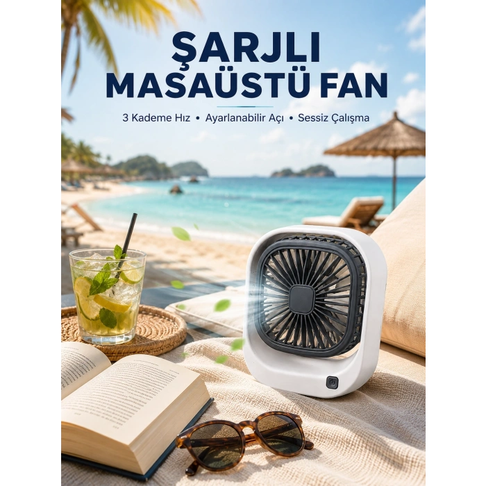 Mey İthalat® Şarjlı Masaüstü Fan 3 Kademeli Hız Ayarlı Güçlü Hava Akışı
