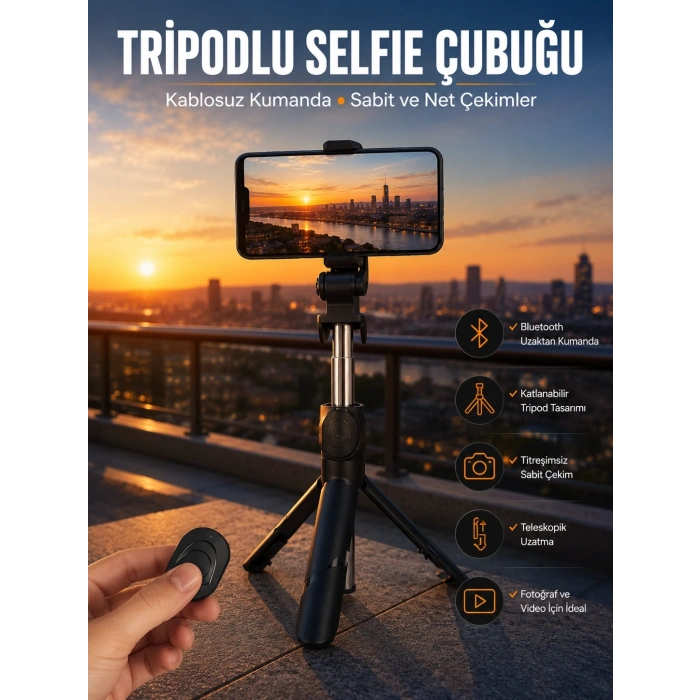 Mey İthalat® Selfie Çubuğu Tripod Kumandalı Telefon Tutucu Siyah