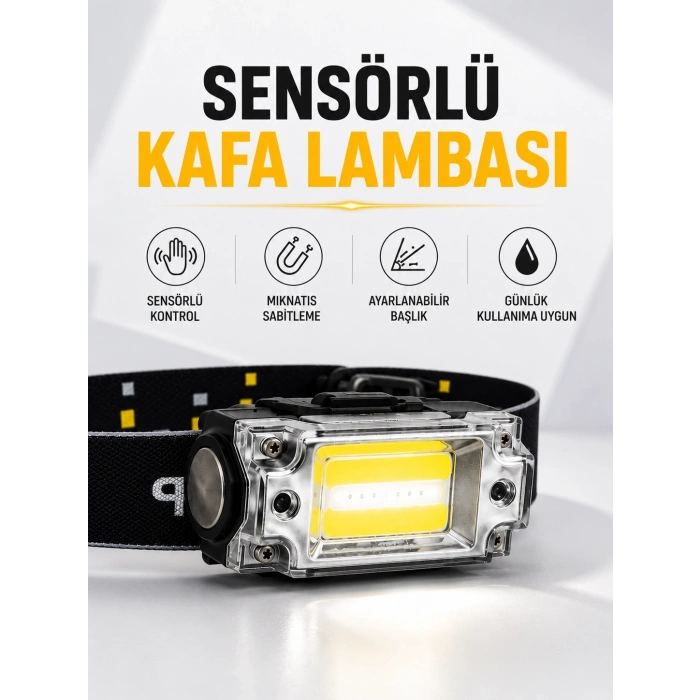 Mey İthalat® Sensör Kontrollü Şarjlı Beyaz LED Kafa Lambası ve El Feneri