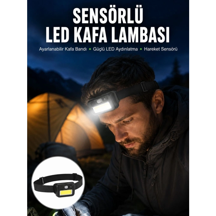Mey İthalat® Sensörlü Kamp Lambası Ayarlanabilir Kafa Lambası Kafa Bantlı Yeni Nesil