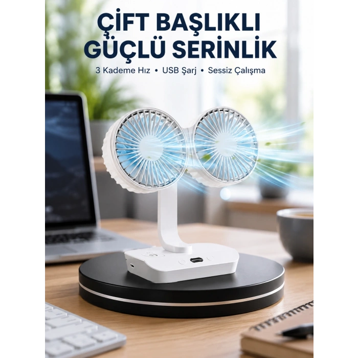 Mey İthalat® Sessiz Çalışan USB Şarjlı Çift Kafalı Masaüstü Fan – Ev ve Ofis İçin