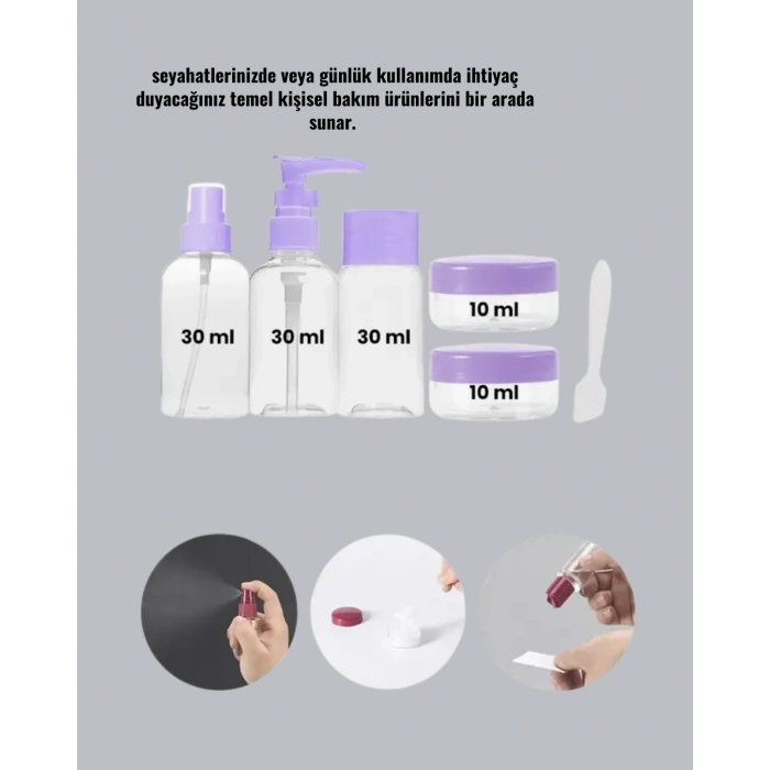 Mey İthalat® Seyahat Bakım Seti 5 Parça Sızdırmaz Şeffaf Kapaklı 30ml Yeni Nesil