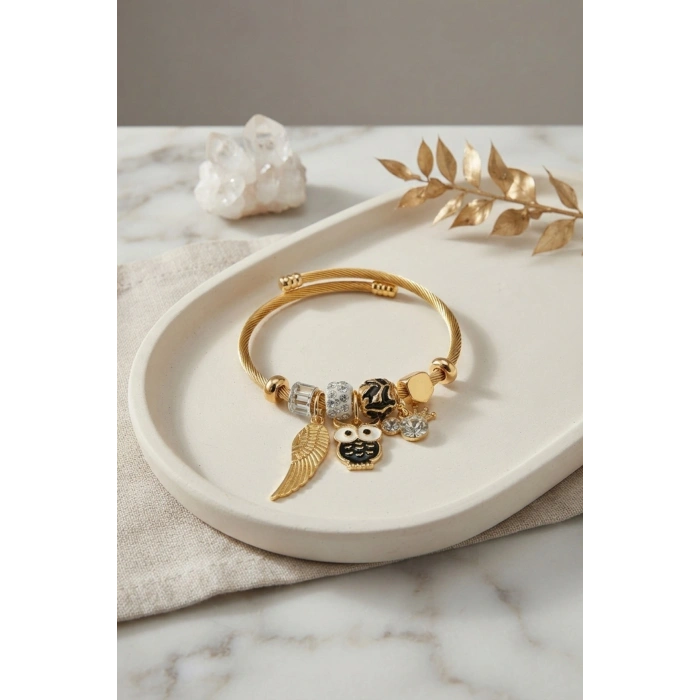 Mey İthalat® Siyah Baykuş Model Gold Renk Charmlı Bileklik