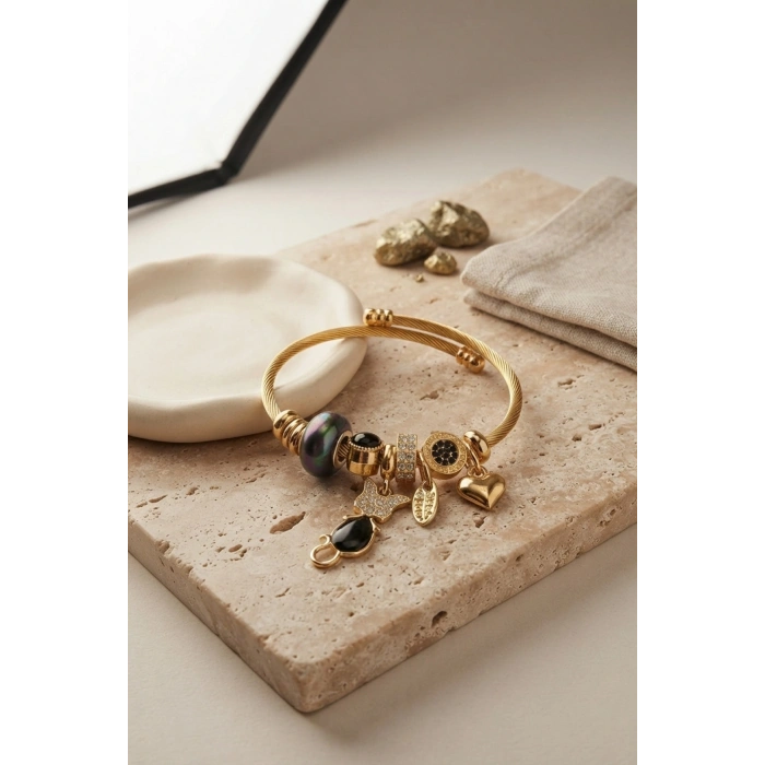 Mey İthalat® Siyah Kedi Model Gold Renk Charmlı Bileklik