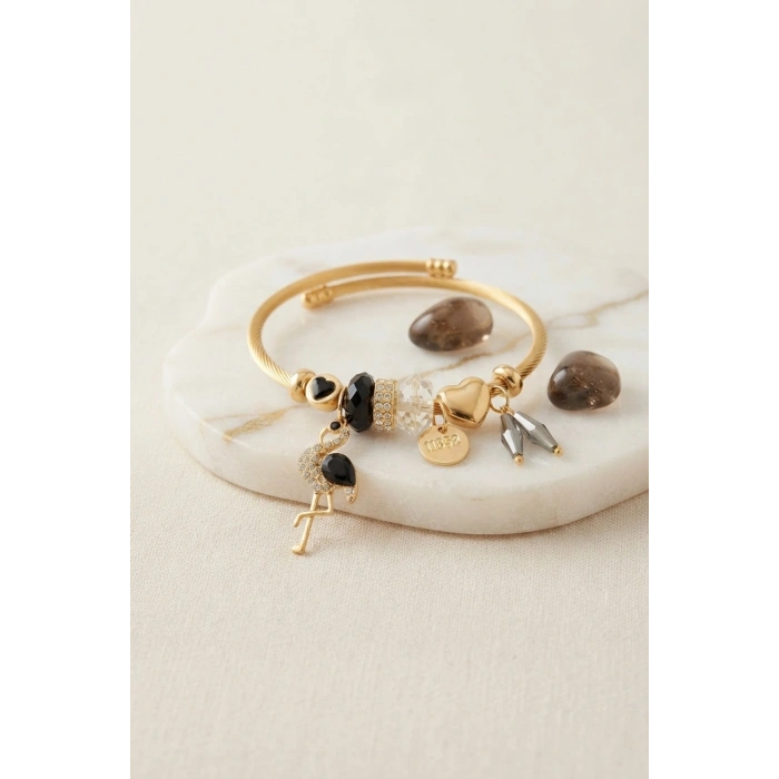 Mey İthalat® Siyah Kuğu Model Gold Renk Charmlı Bileklik